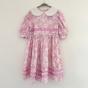 Vintage Pink Floral Dress Girls 6? Peter Pan Collar Cottagecore Easter Prairie
